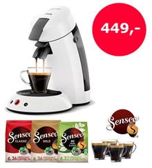 Senseo Hvid Pakketilbud - Senseo-maskine inkl. 3 poser kaffe og 4 Senseo-glas