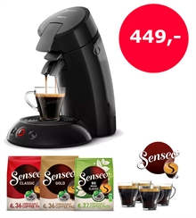 Senseo Sort Pakketilbud - Senseo-maskine inkl. 3 poser kaffe og 4 Senseo-glas